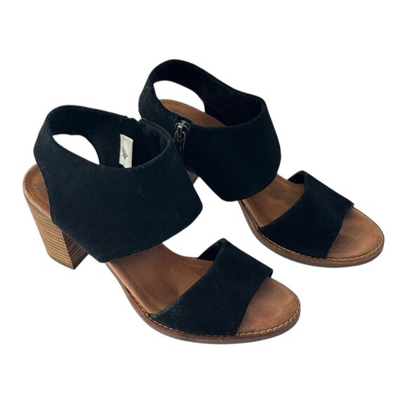 TOMS Majorca Cutout Black Heeled Sandal Suede Block Wood Heel Peeptoe Women’s 8 - Picture 4 of 13